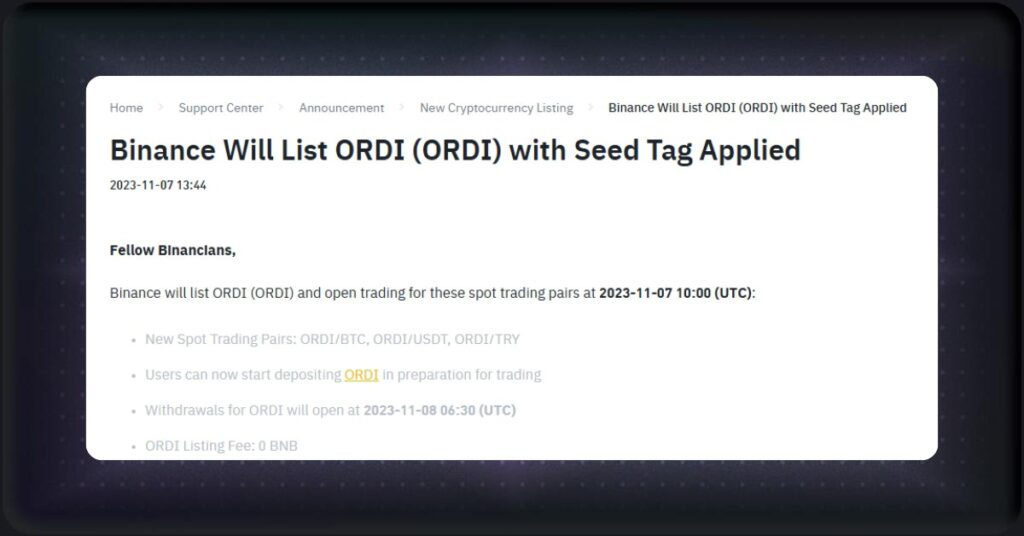 Binance Listed Meme Coin Crypto Ordi  