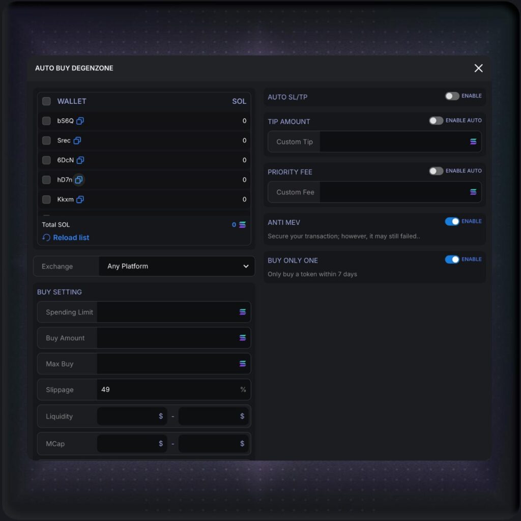 Degen Zone Auto Buy Settings