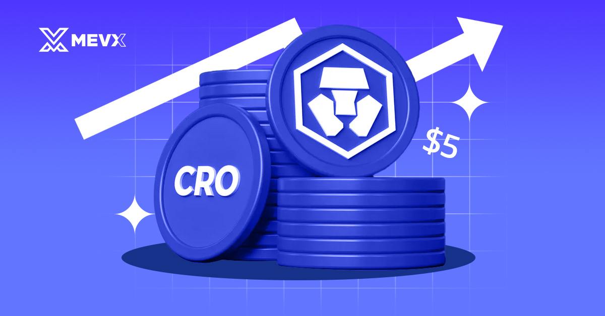 A visual representation with CRO coin stacks and an upward arrow indicating a price target of $5, highlighting the potential growth of CRO coin and exploring the possibility: Can CRO coin reach $5?