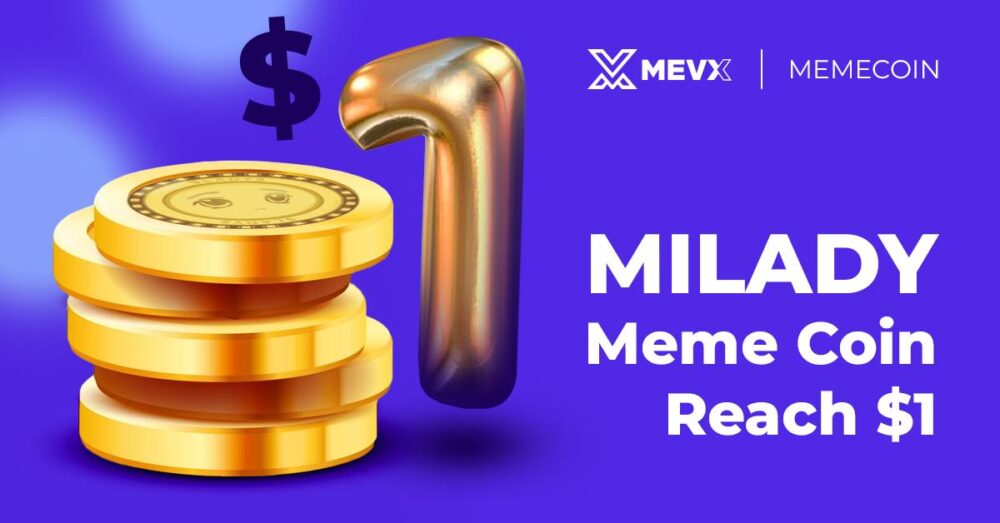 A vibrant Milady Meme Coin glowing as it reaches $1, surrounded by arrows, dollar signs, and sparkles, highlighting cryptocurrency growth and social media hype