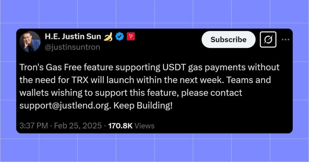 Justin Sun announced the launch of a "gas-free" feature for USDT