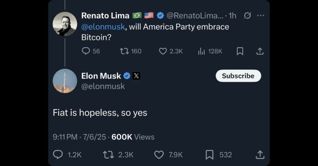 Elon Musk said his new political party will embrace Bitcoin