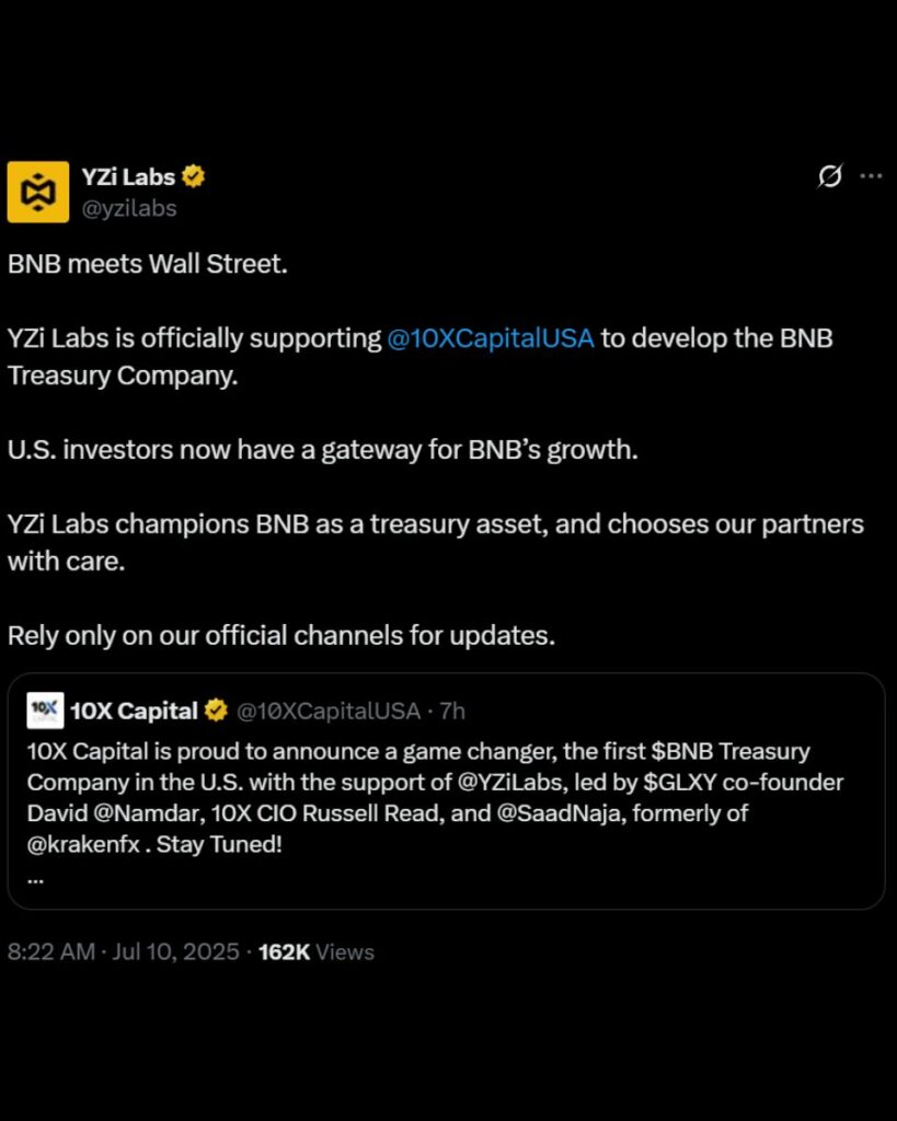 YZi Labs Announces Support for 10X Capital