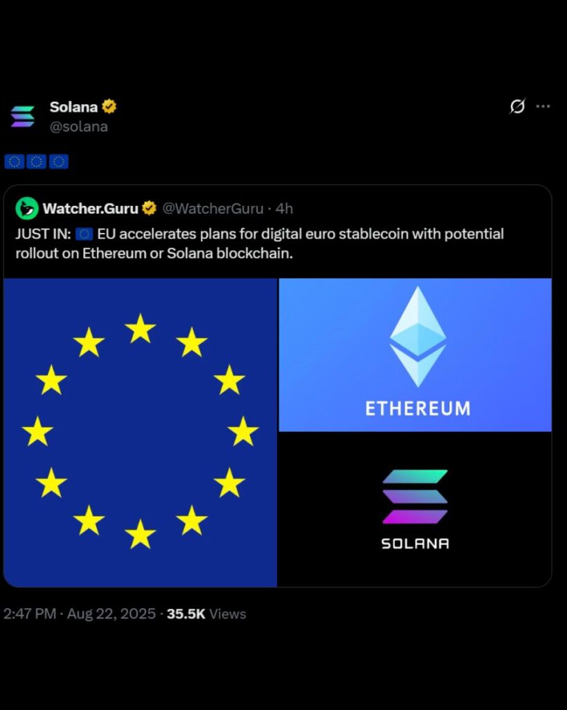 EU accelerates plans for digital euro stablecoin with potential rollout on Ethereum or Solana blockchain