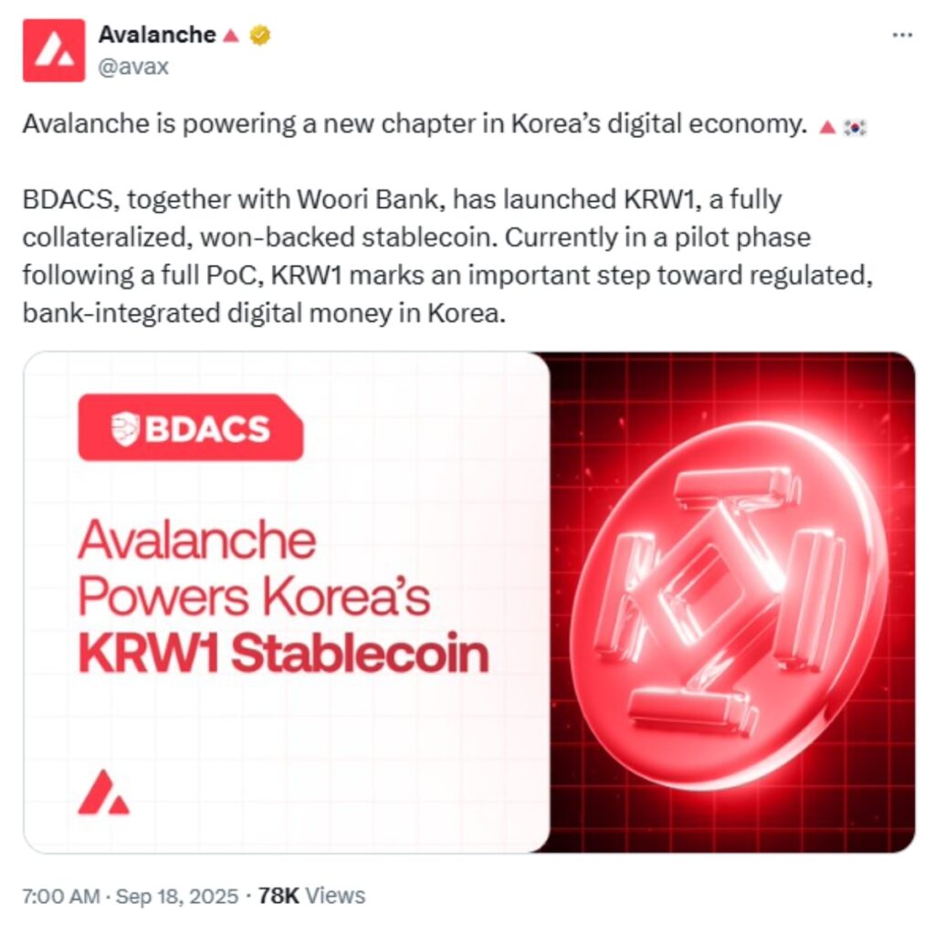 BDACS Launches Won-Backed Stablecoin KRW1 on Avalanche, Aiming to Reshape South Korea’s Digital Market