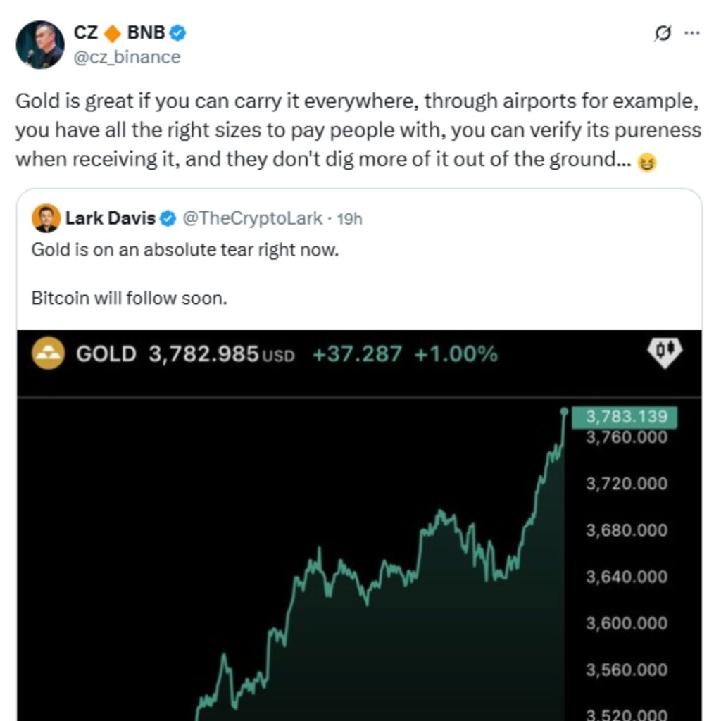 CZ Mocks Gold’s Limitations As Prices Reach $3,781 Per Ounce
