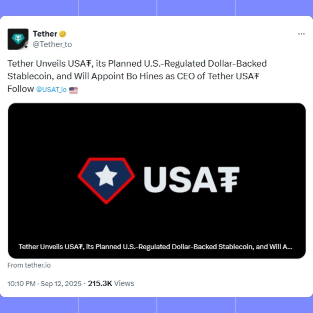 Tether Launches USAT Stablecoin for U.S. Market Under GENIUS Act Compliance